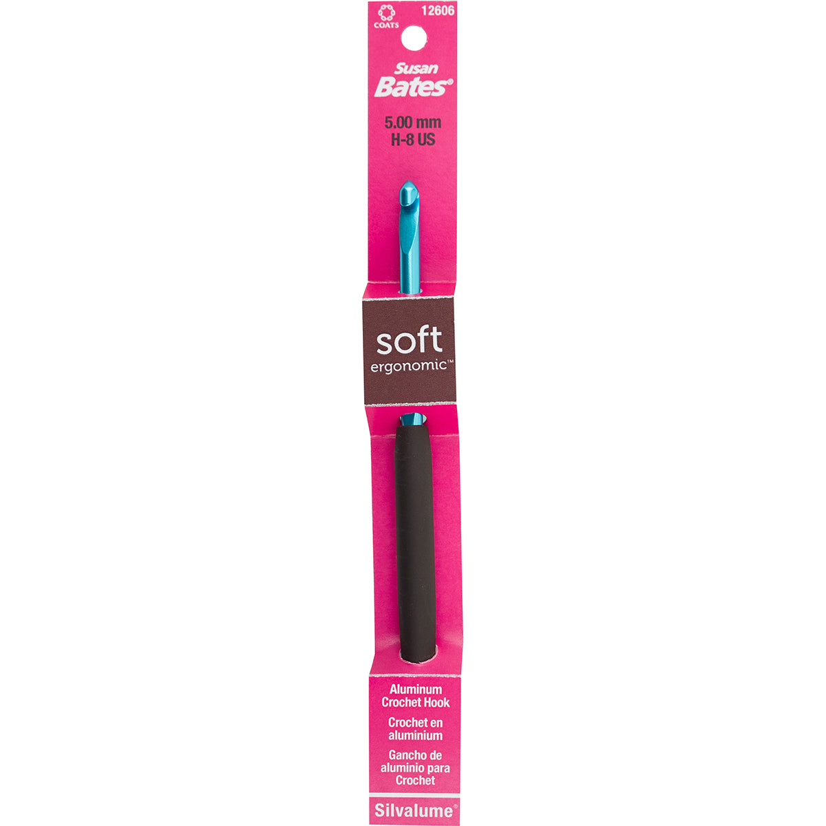 Susan Bates 5.00 mm aluminum crochet hook with ergonomic design for comfortable crocheting