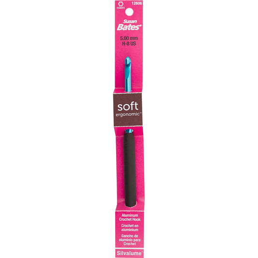 Susan Bates 5.00 mm aluminum crochet hook with ergonomic design for comfortable crocheting