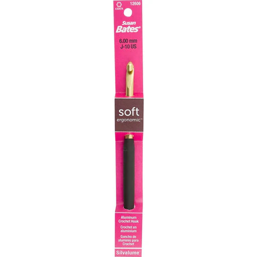Susan Bates 6.00 mm J-10 US soft ergonomic crochet crochet hook in black and gold packaging