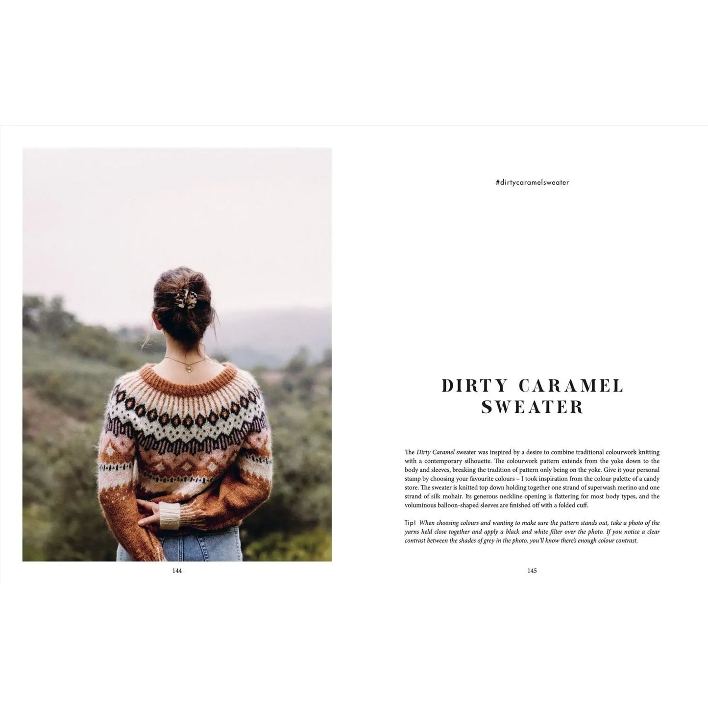 Woman modeling the Dirty Caramel Sweater featuring unique patterns in knitting against a scenic backdrop