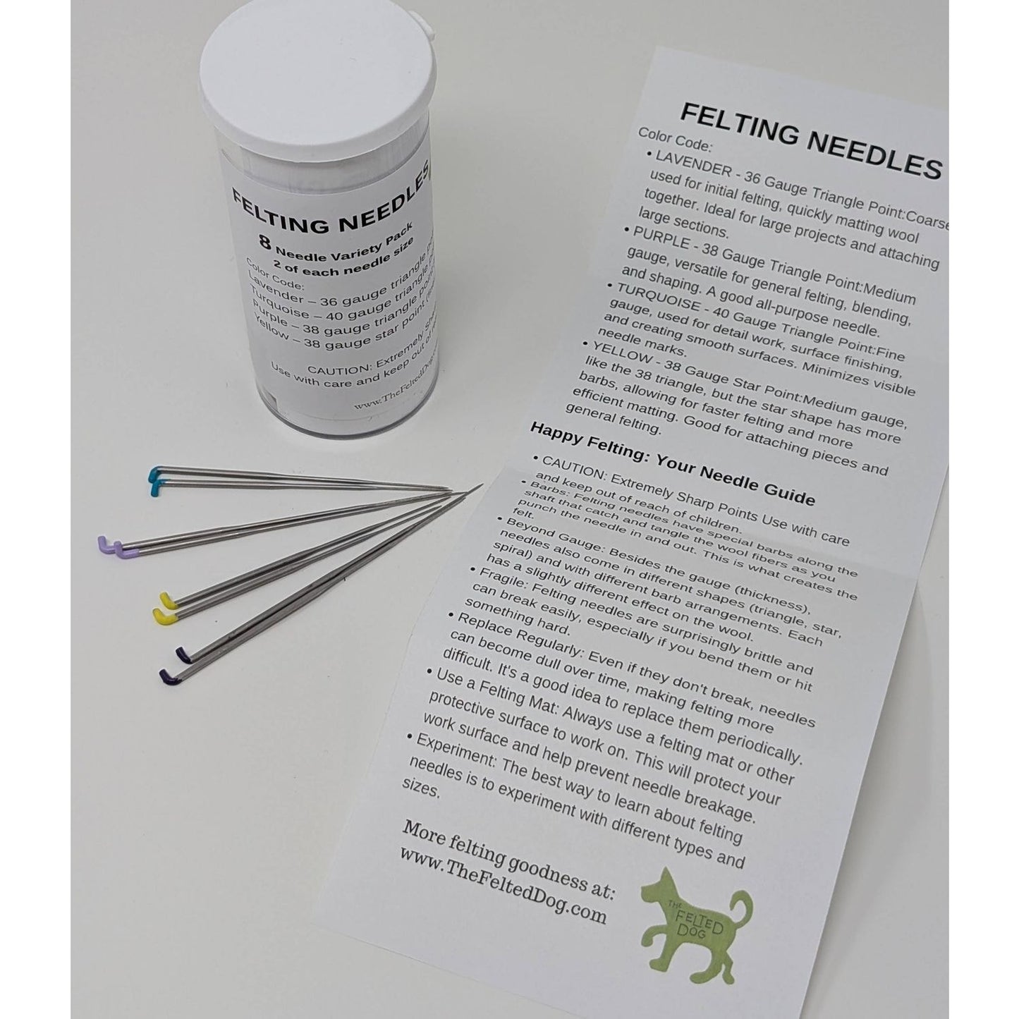 Set of needle felting needles with a variety of colors and an instruction guide from The Felted Dog