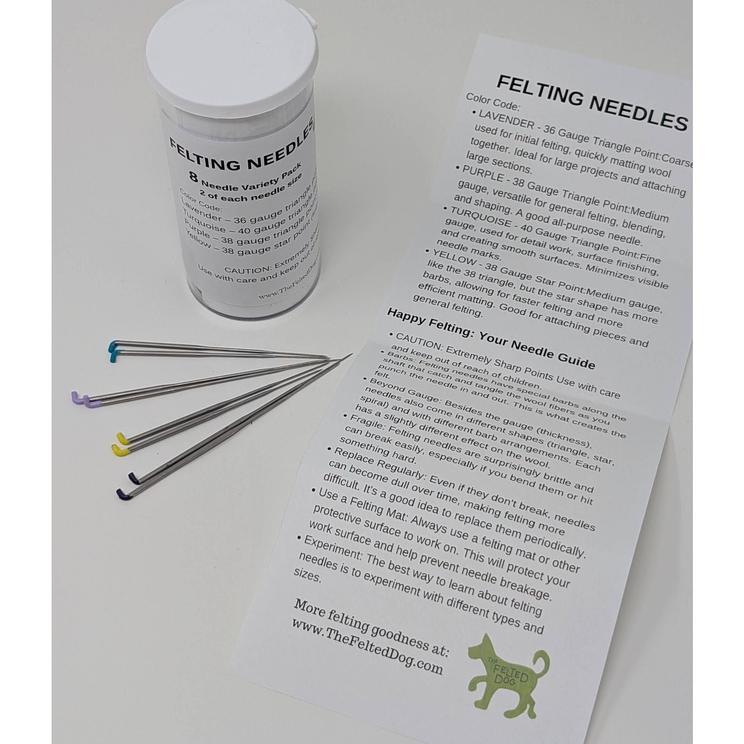 Set of needle felting needles with a variety of colors and an instruction guide from The Felted Dog