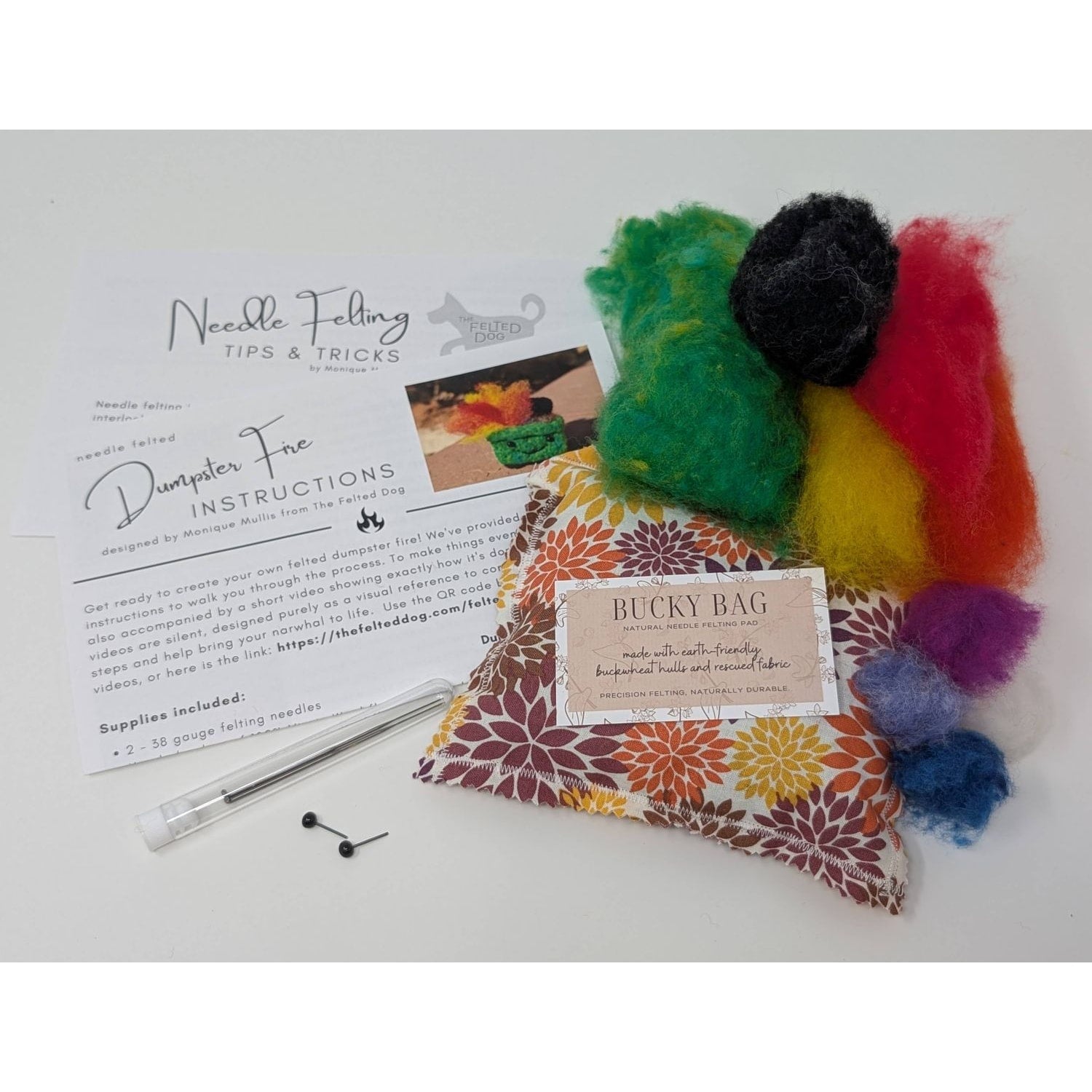 Needle felting needles kit with colorful wool roving and instructional guide for crafting projects