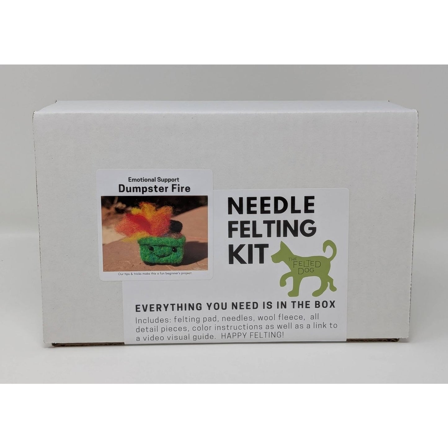 Needle felting kit from The Felted Dog with materials to create an Emotional Support Dumpster Fire