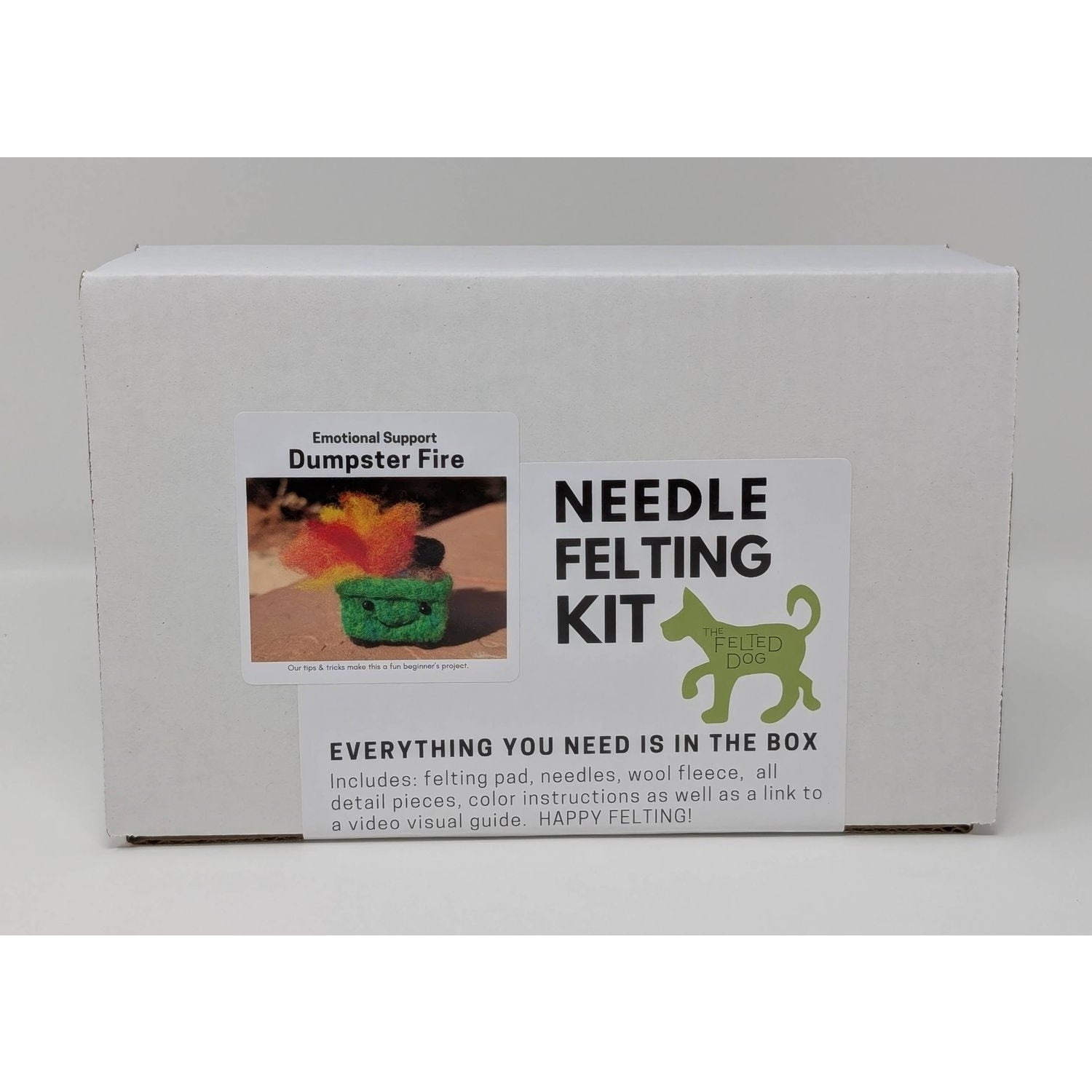Needle felting kit from The Felted Dog with materials to create an Emotional Support Dumpster Fire