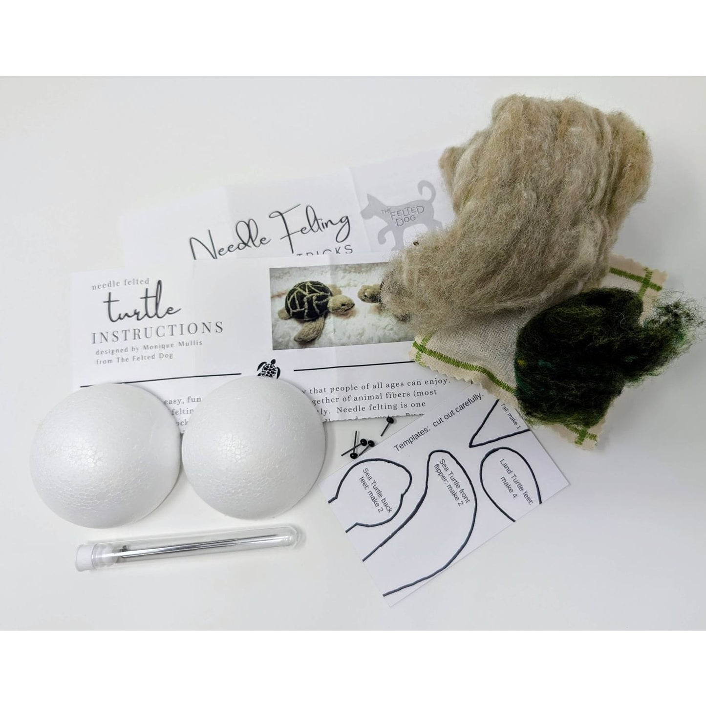 Needle felting needles with instructions, wool, and foam shapes for crafting projects