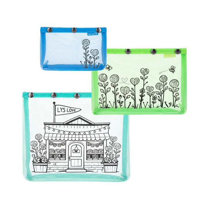Madelinetosh colorful mesh tool bags snap on in three sizes featuring floral designs