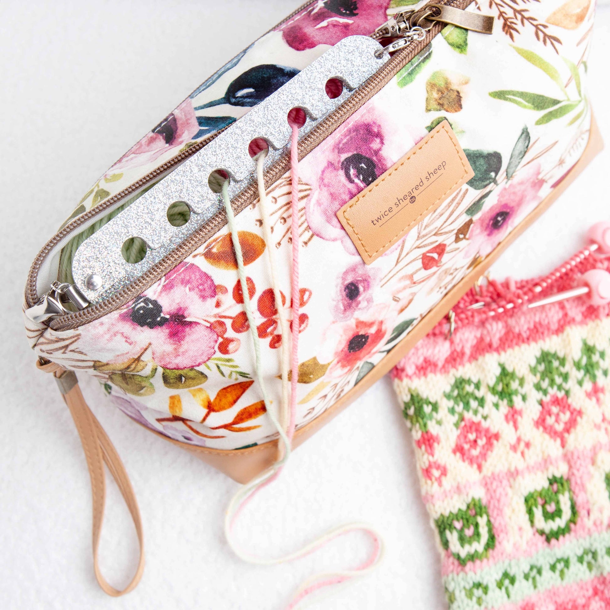 Twice Sheared Sheep Floral Notions Bag with Tools for yarn retailers near me