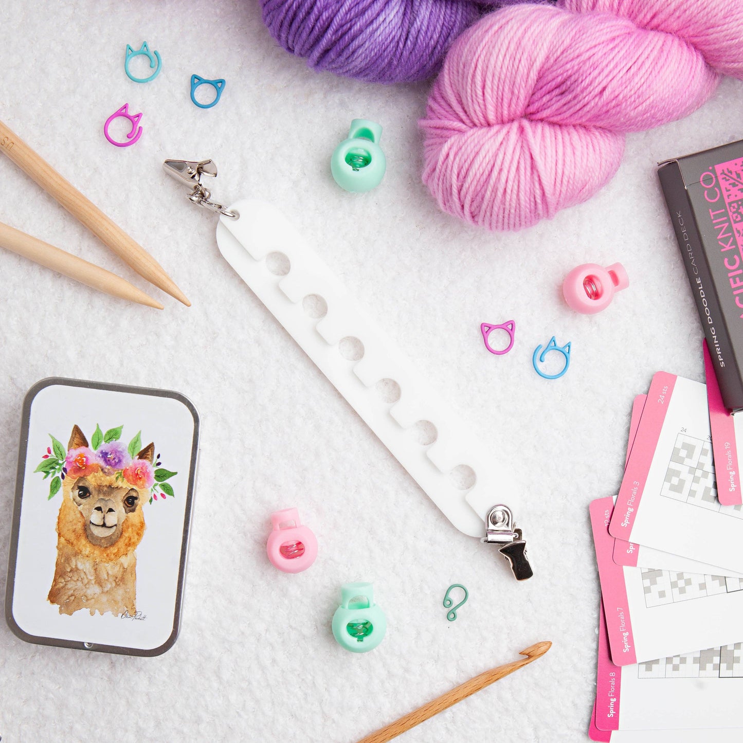 Twice Sheared Sheep Yarn Organizer with Clips and Colorful Accessories for Seamless Crafting
