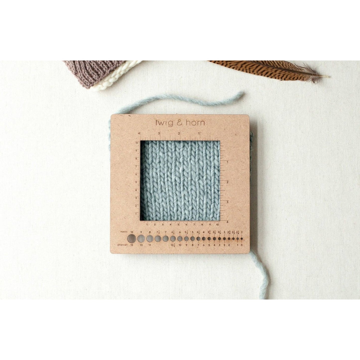 Twig & Horn Square Gauge Ruler for Knitting with Clear Measurements and Knitted Sample