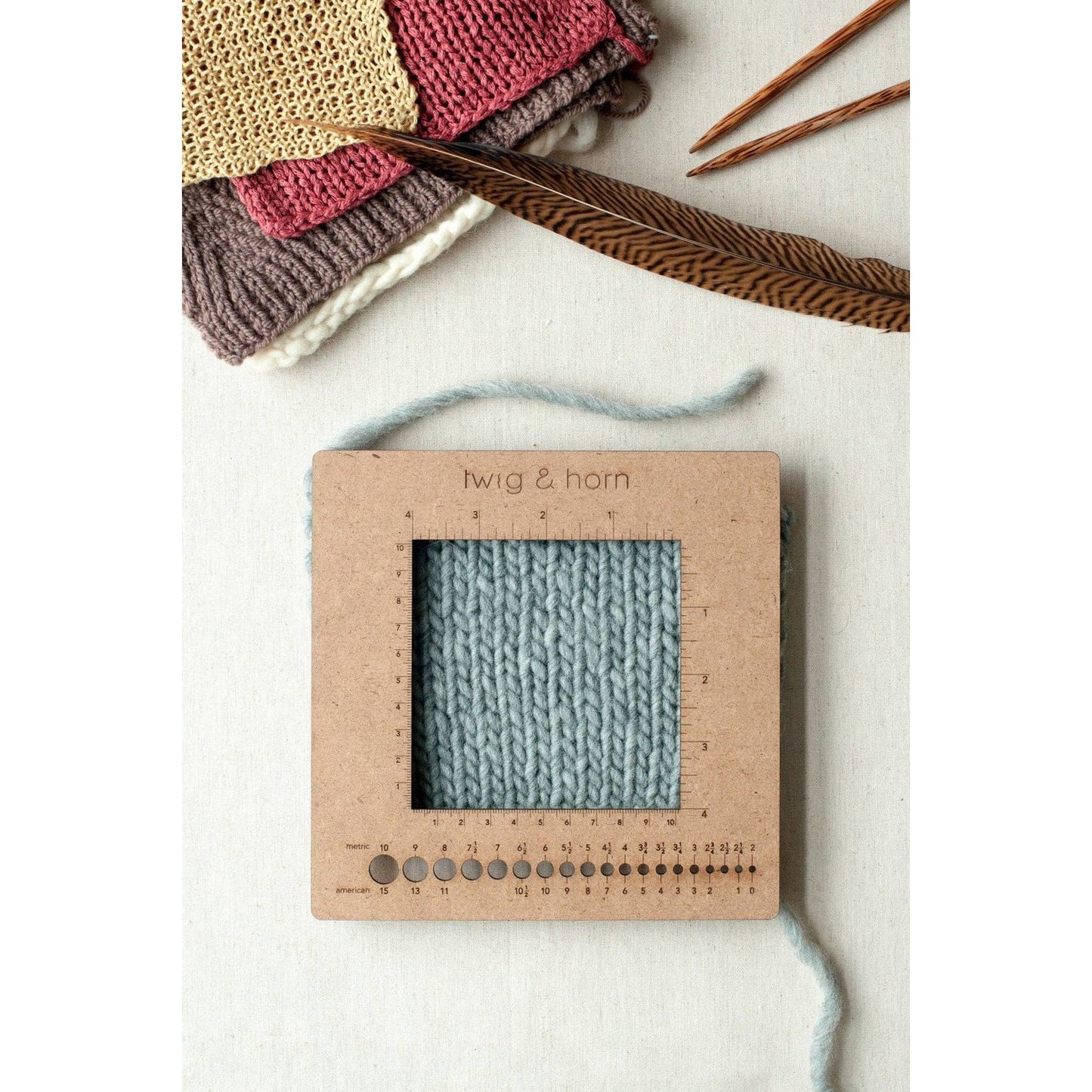 Square gauge ruler for knitting from Quince & Co. for measuring stitch and row counts accurately