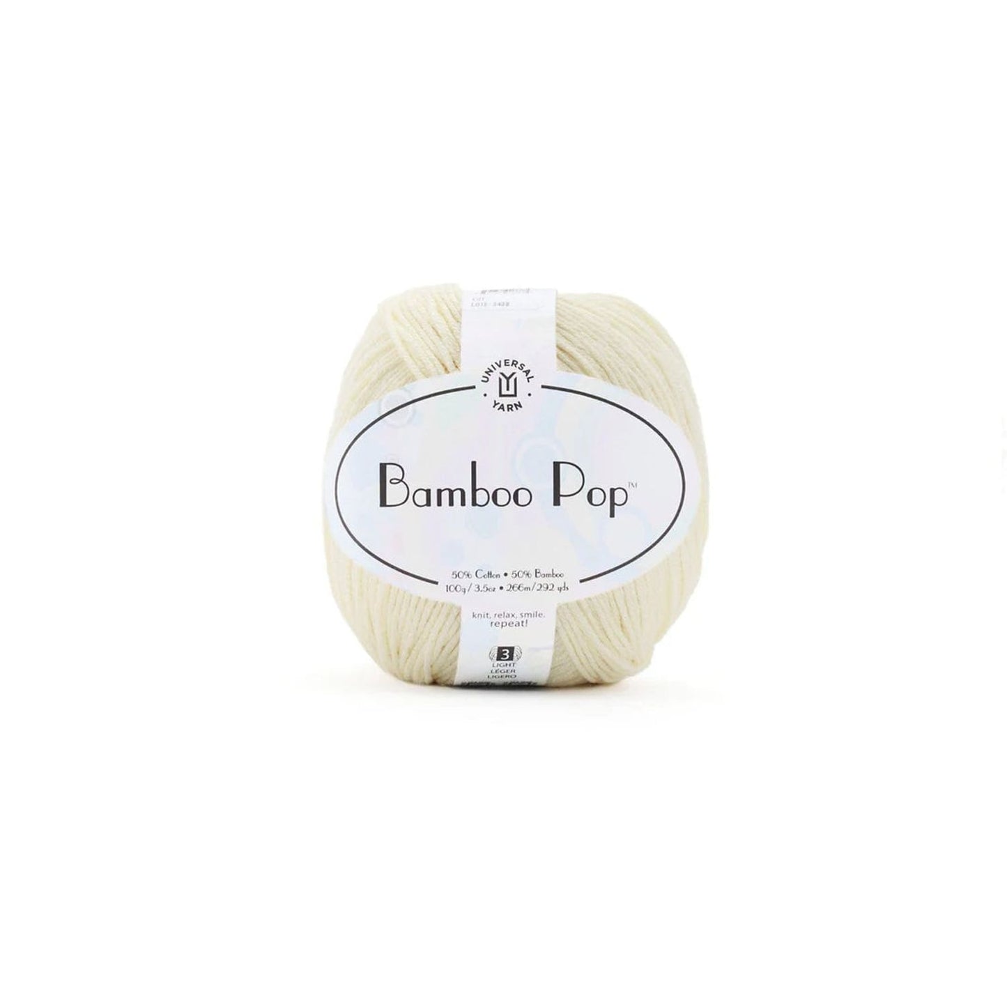 Universal Yarn Bamboo Pop in soft cream color, 50 cotton and 50 bamboo blend for versatile knitting projects