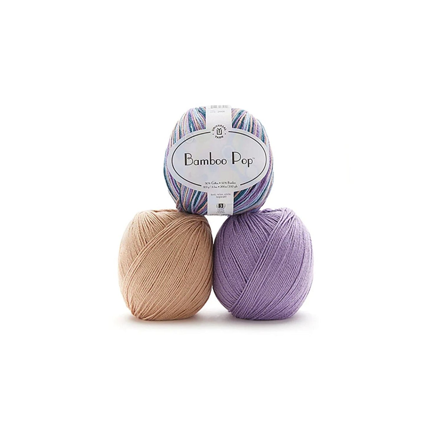 Universal Yarn Bamboo Pop in three colors: beige, lavender, and multicolor on top for crafting projects