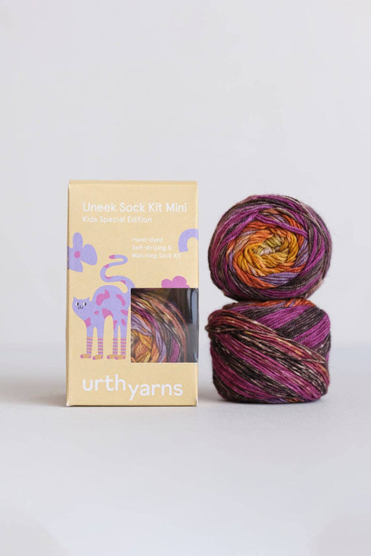 Urth Yarns Uneek Sock Kit Mini in vibrant colors with two skeins and colorful packaging
