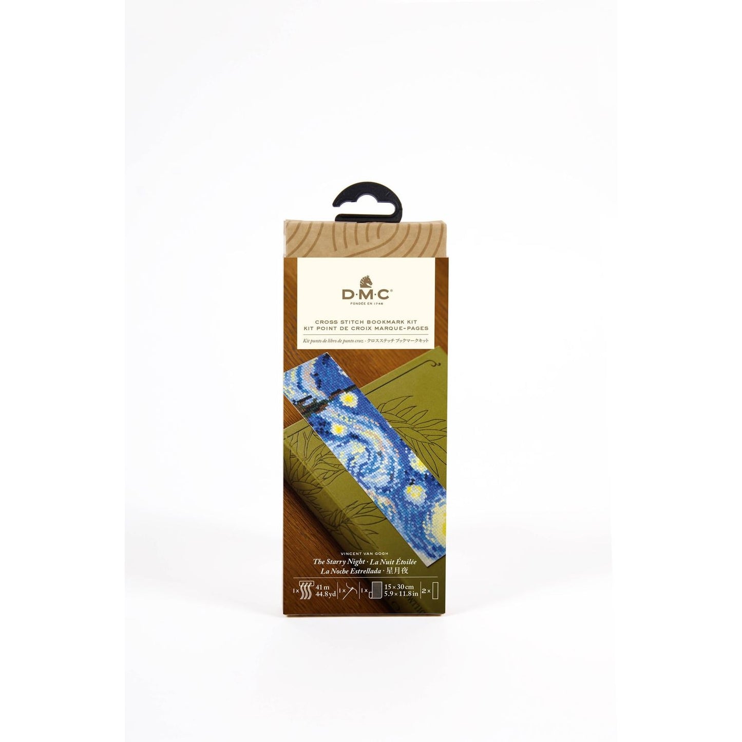 DMC embroidery kit featuring Van Gogh's Starry Night design on a colorful packaging