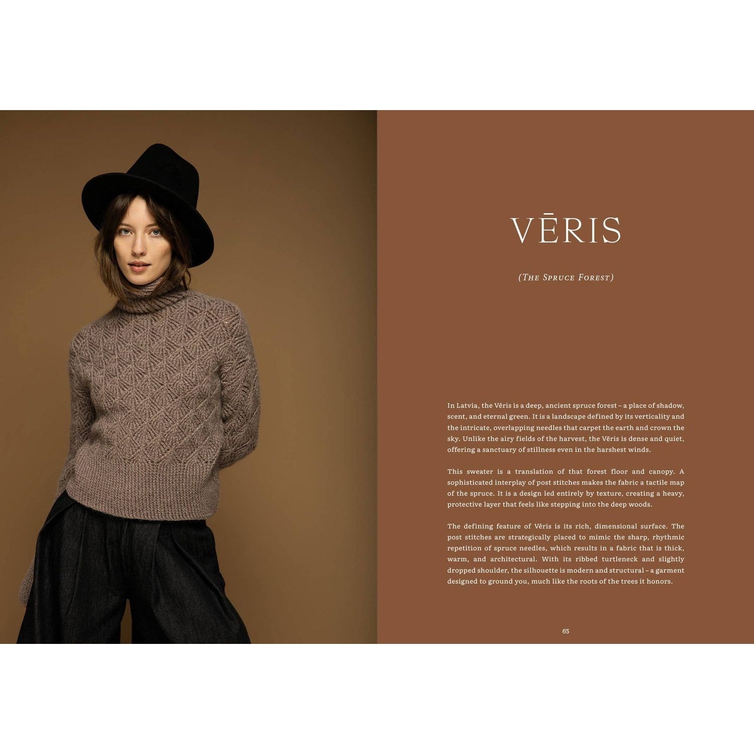 Crochet garments patterns featuring a stylish model in a textured sweater and hat against a warm background