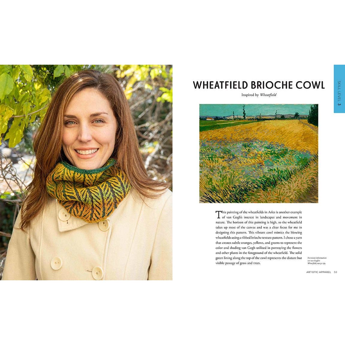 Wheatfield Brioche Cowl inspired by van gogh displayed on a model outdoors among greenery