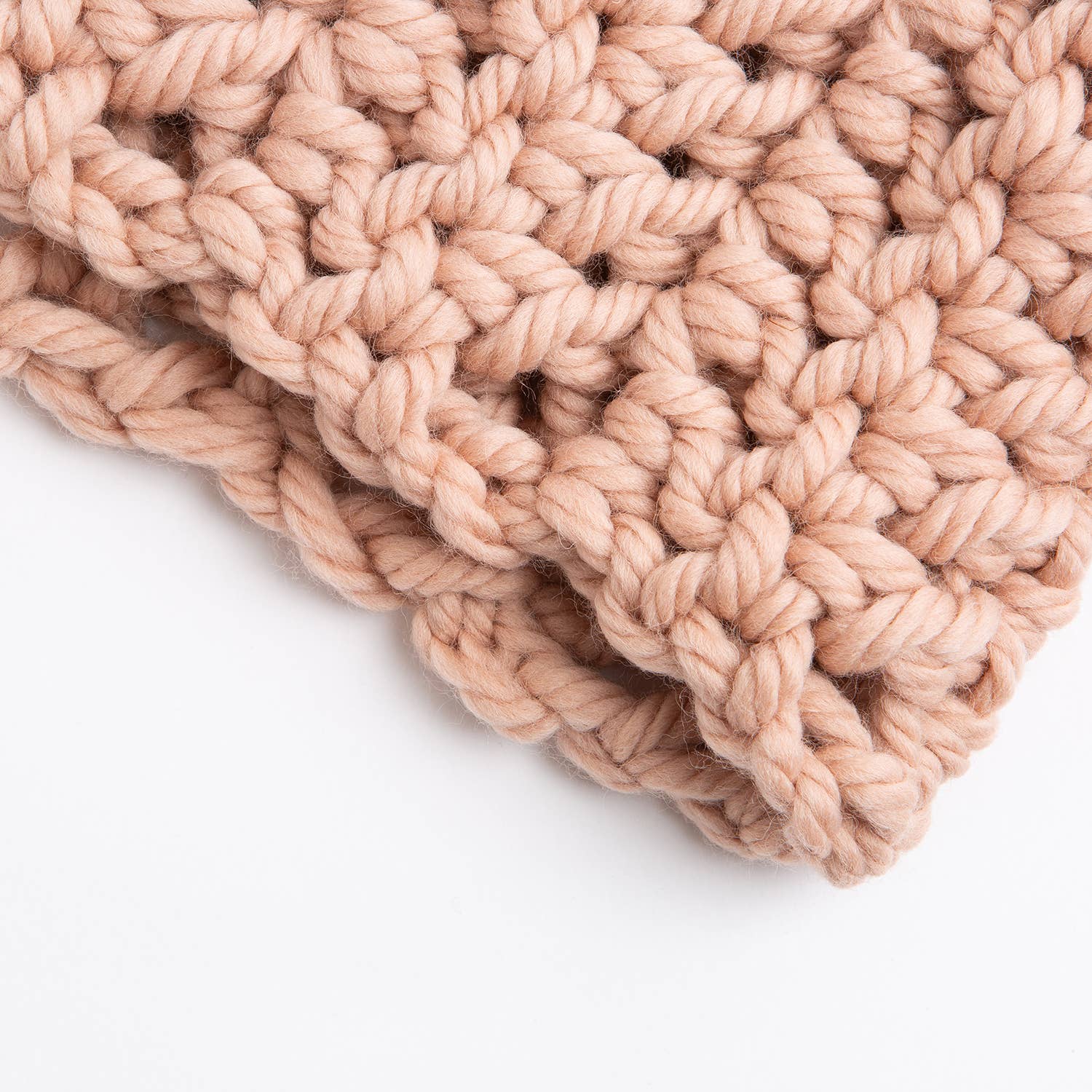 Wool Couture Company blush chunky crochet cowl close up showing thick yarn and textured stitches beginner crochet cowl kit