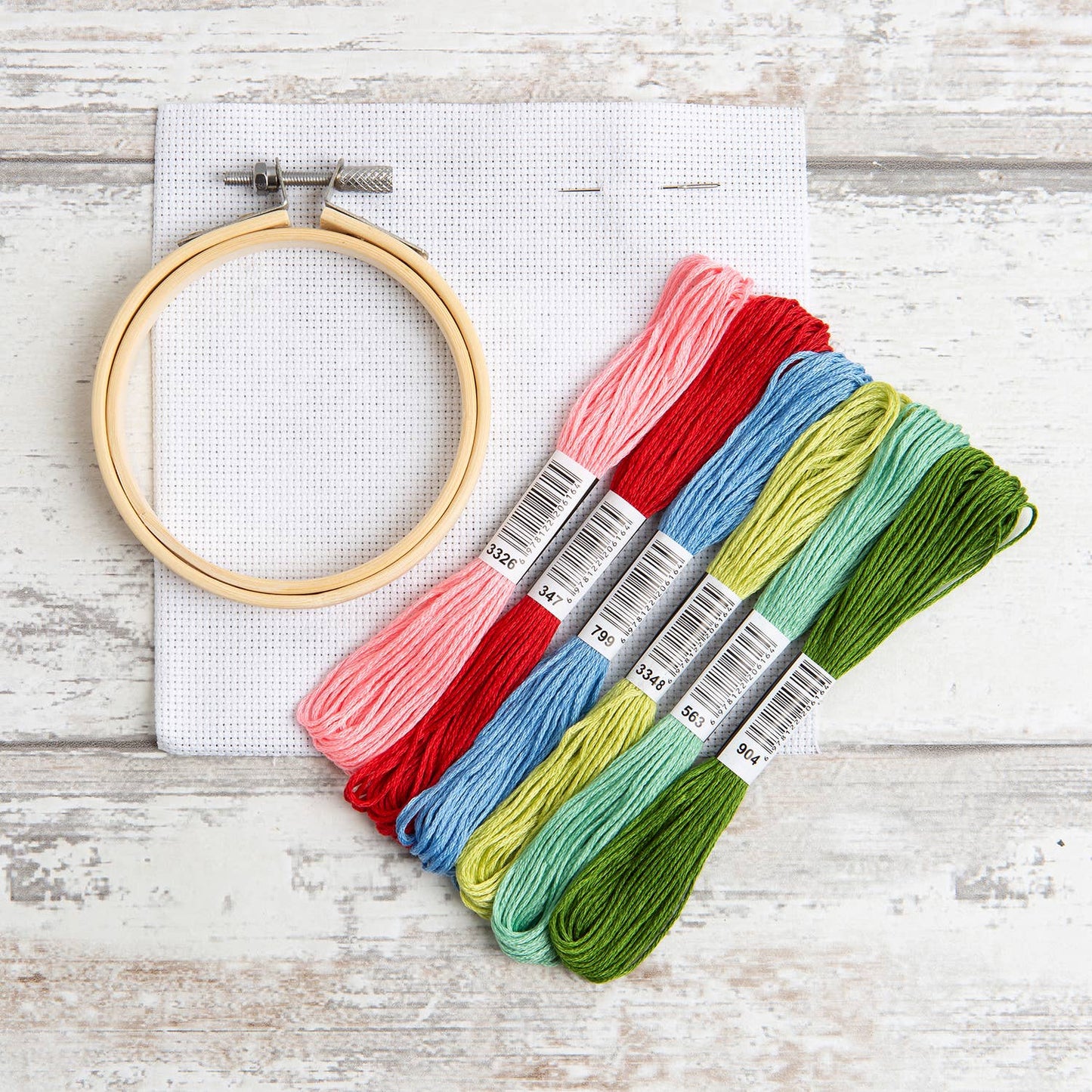 Christmas tree cross stitch kit with wooden hoop white Aida cloth and colorful embroidery floss skeins