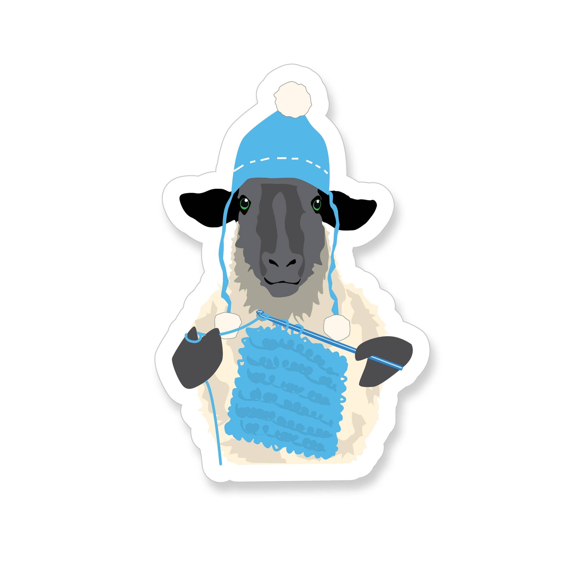 Cute crocheting sheep vinyl sticker of a sheep wearing a blue pom pom hat crocheting a blue yarn square
