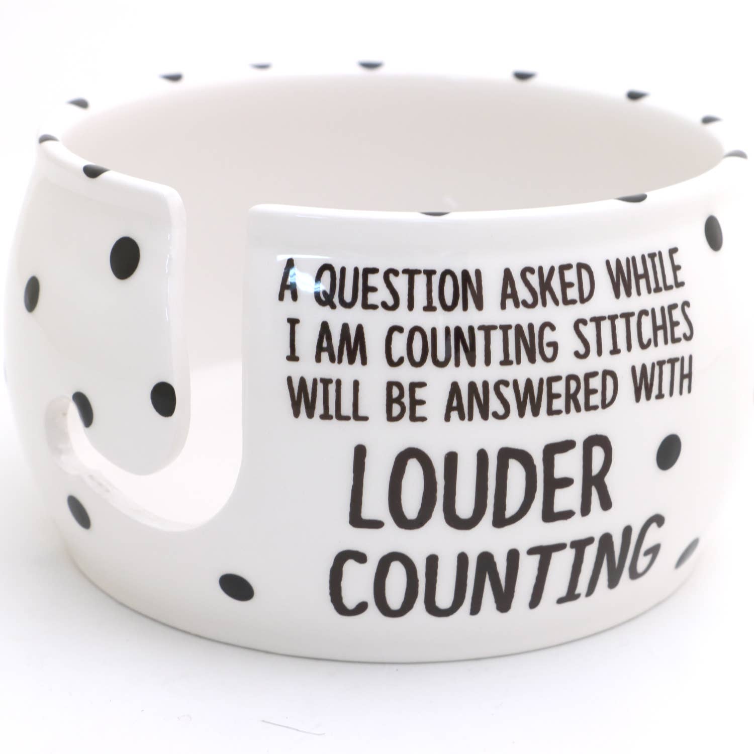 Lenny Mud yarn bowl for knitters with playful text and polka dot design for organizing yarn