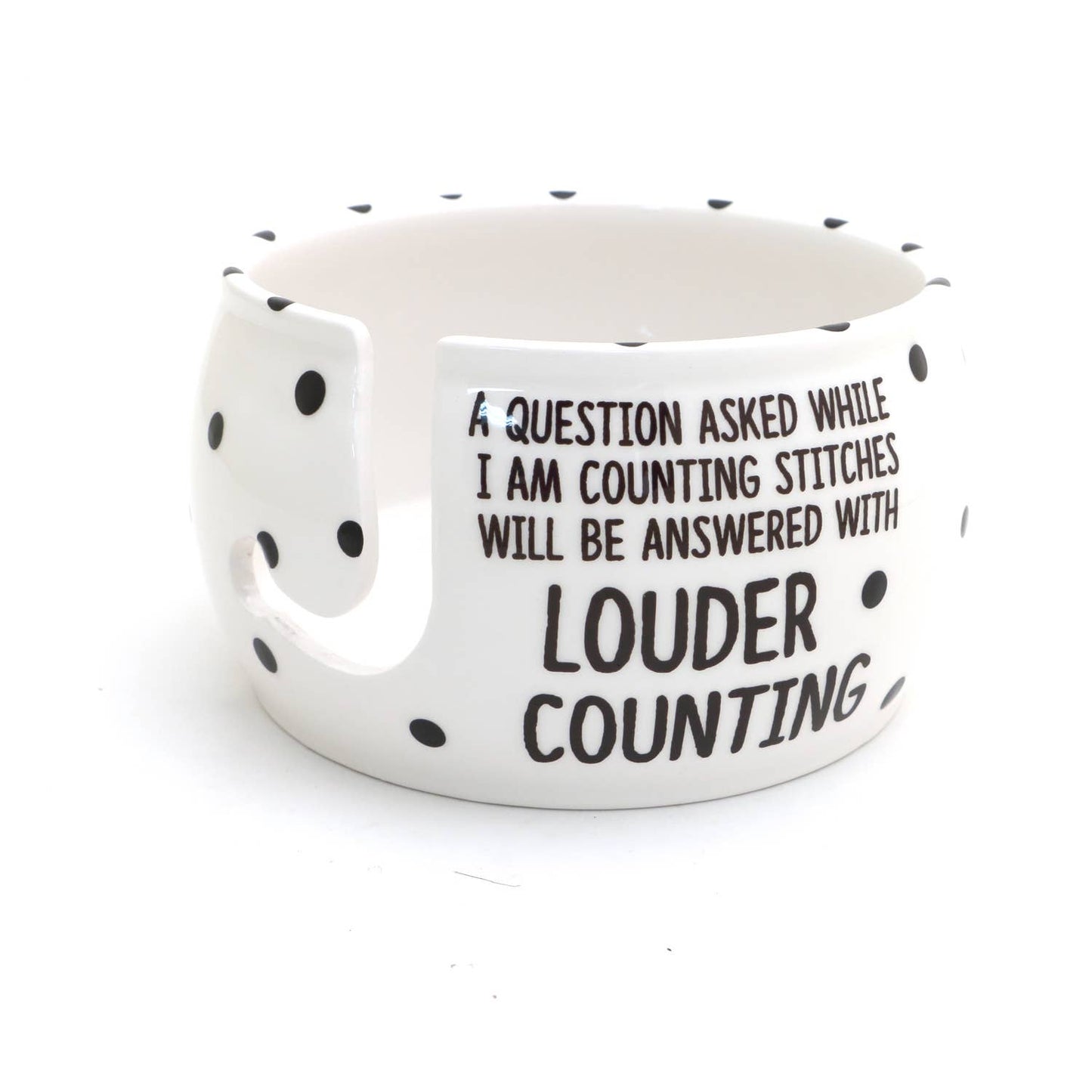 Ceramic yarn bowl for knitters with polka dots and humorous text about counting stitches