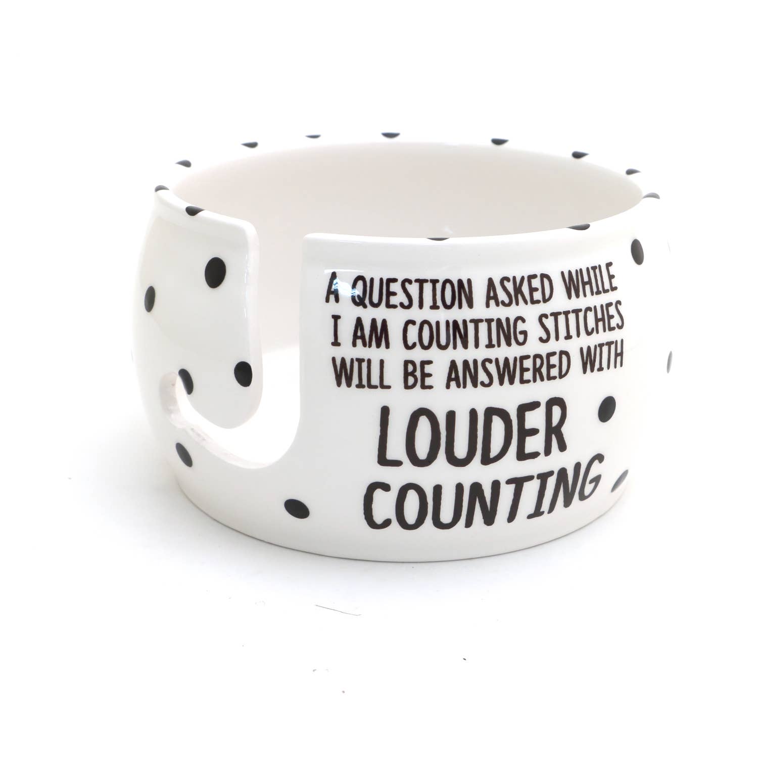 Ceramic yarn bowl for knitters with polka dots and humorous text about counting stitches