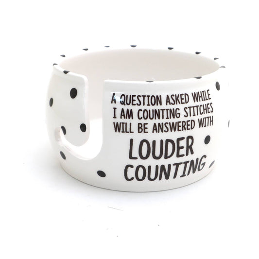 Ceramic yarn bowl for knitters with polka dots and humorous text about counting stitches