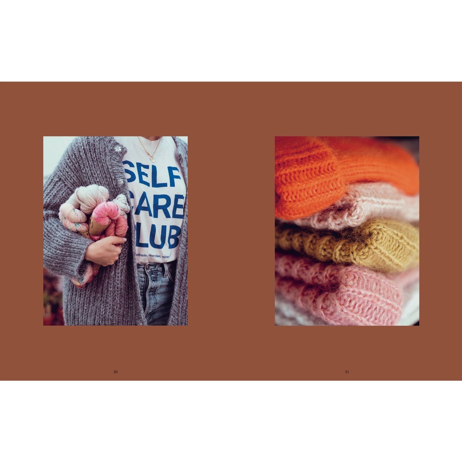 Cozy Publishing book displaying patterns in knitting with colorful yarns and a woman in a self-care club shirt