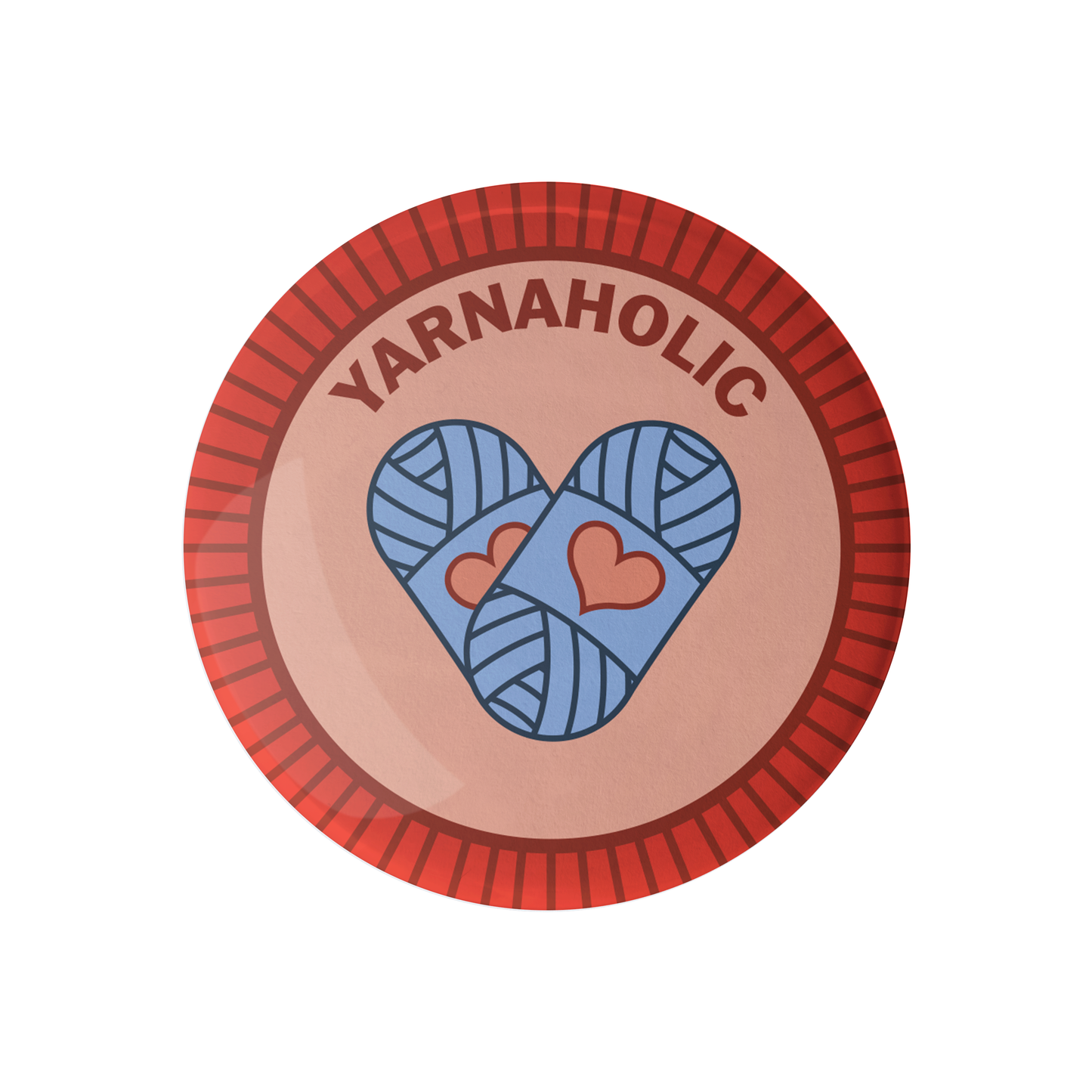 Yarnaholic button featuring blue yarn balls with hearts, perfect for yarn retailers near me