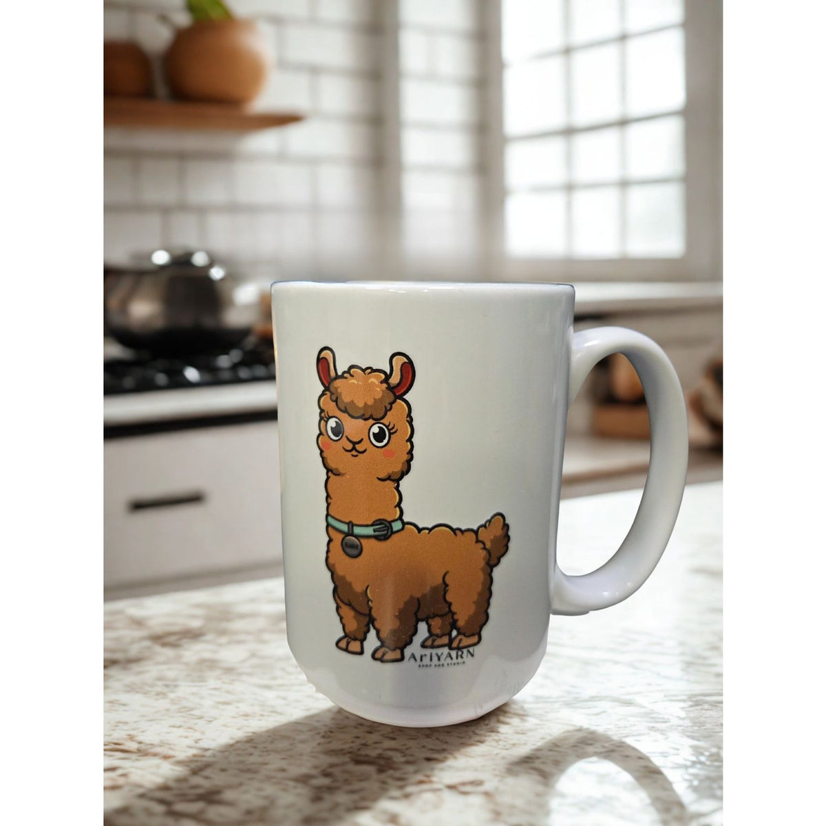 AriYARN yarn shop mascot mug featuring a cute cartoon llama design on a white background