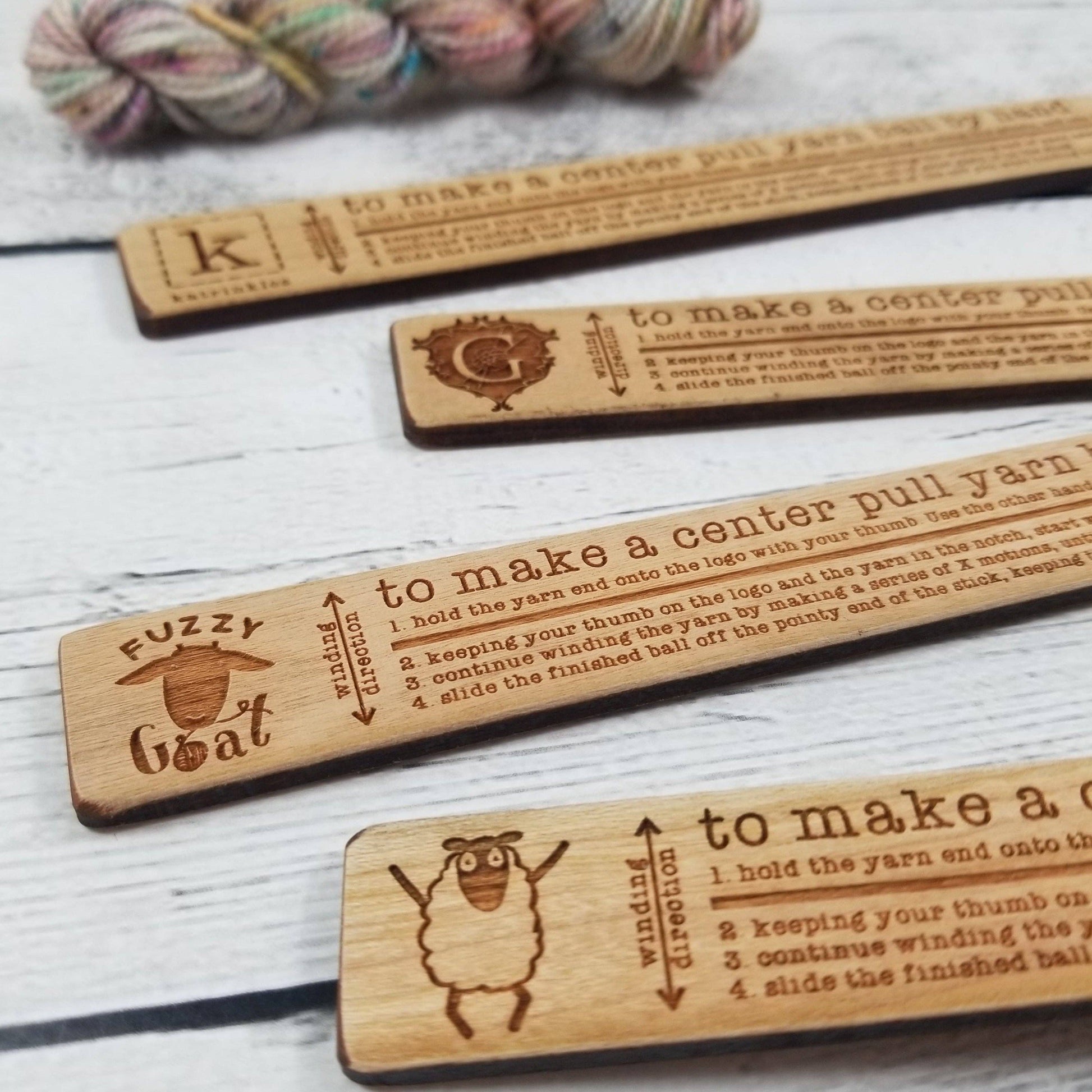 Katrinkles yarn winder tools with instructions for making center pull yarn cakes
