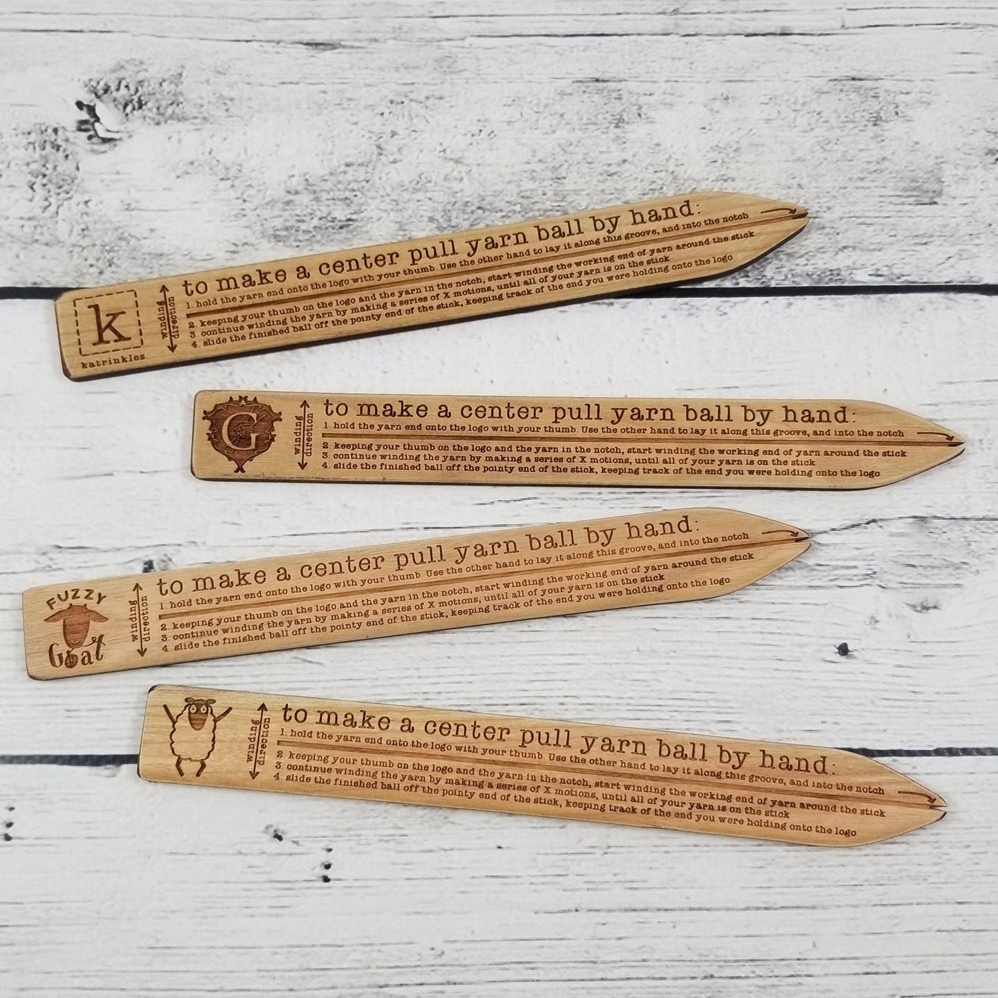 Katrinkles yarn winder tools made from wood for creating center pull yarn balls by hand