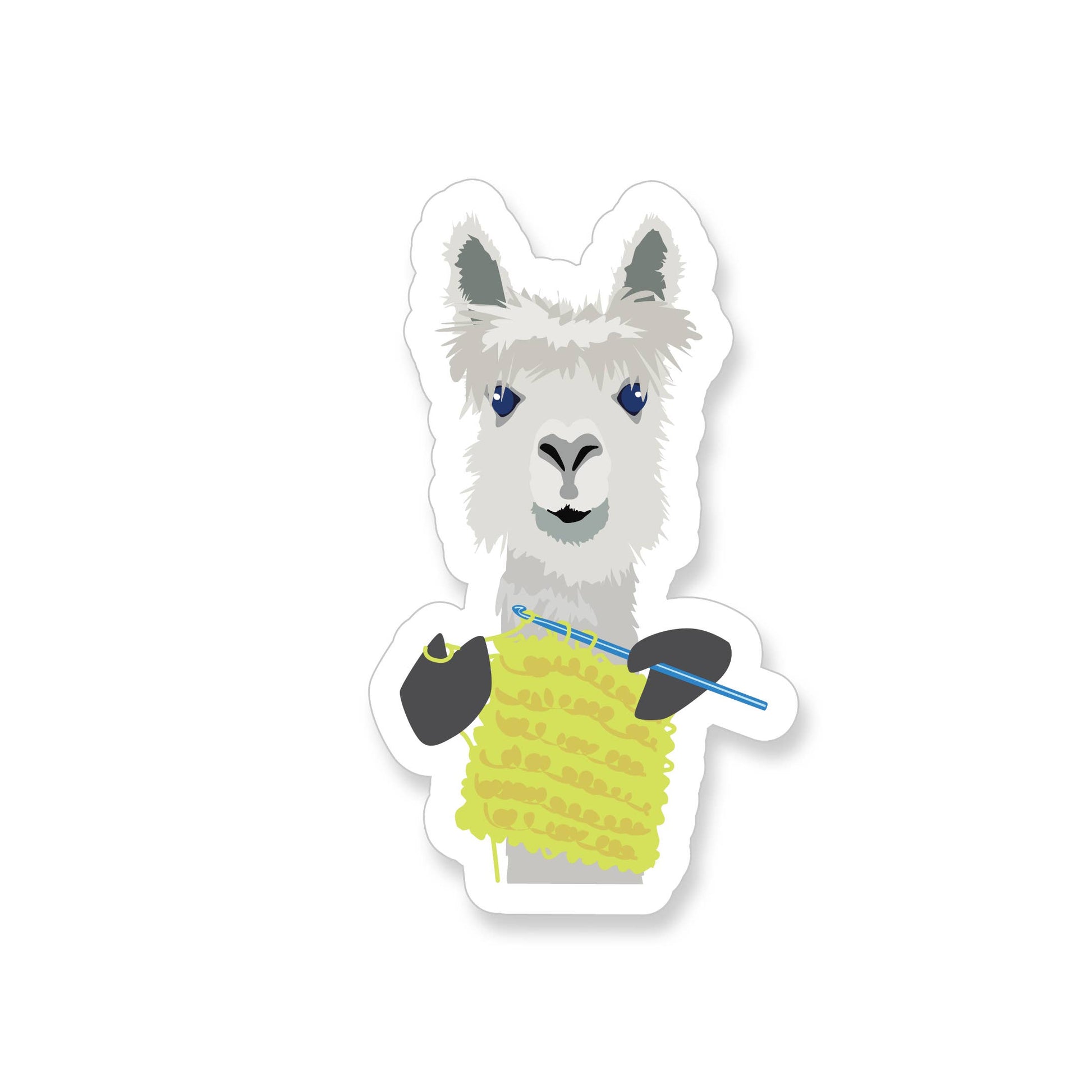 Cute white alpaca sticker for crocheters holding a blue crochet hook and yellow textured yarn swatch